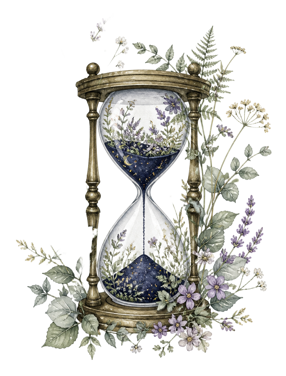 Watercolor hourglass with wildflowers growing around it