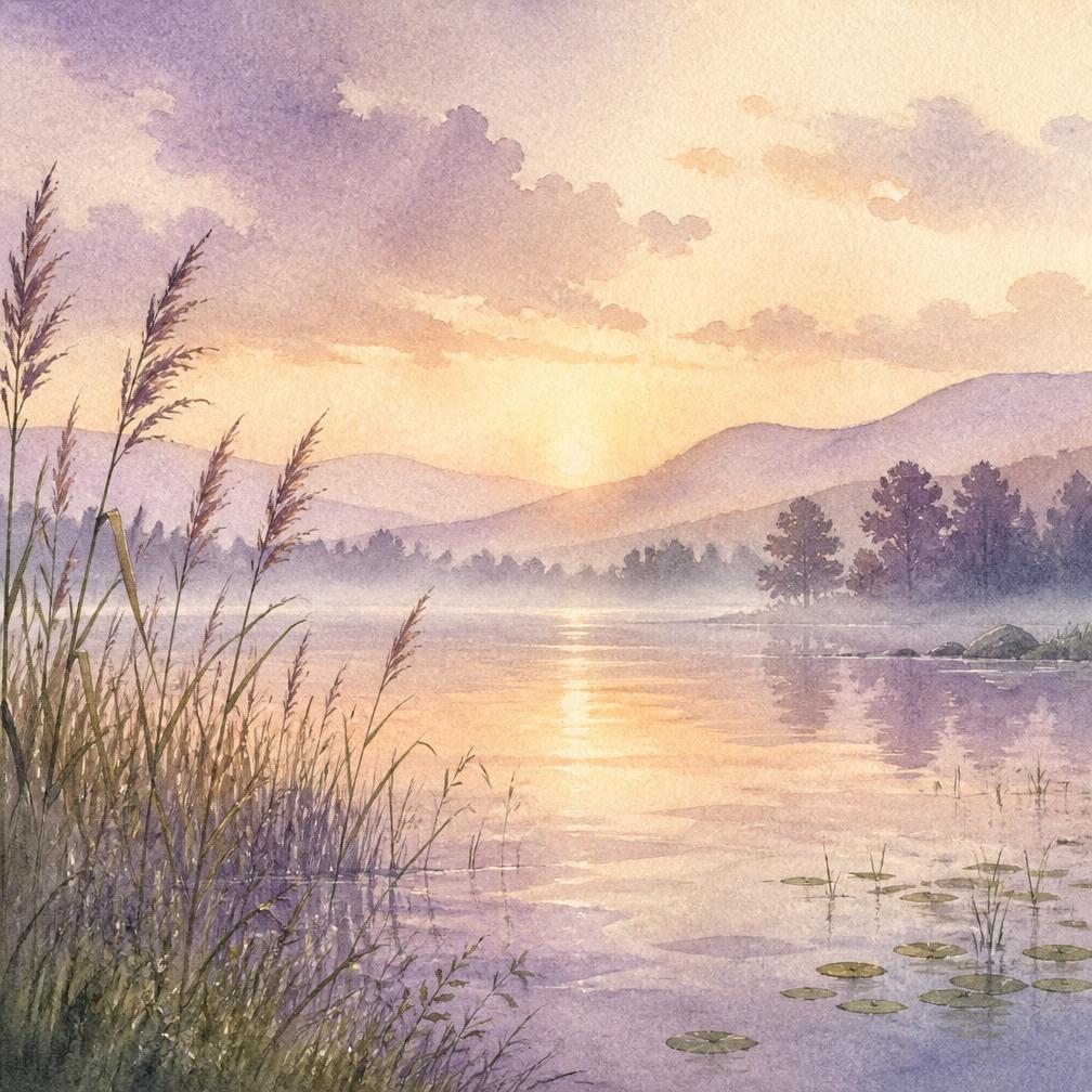 Soft watercolor painting of a misty lake at dawn with lavender hills