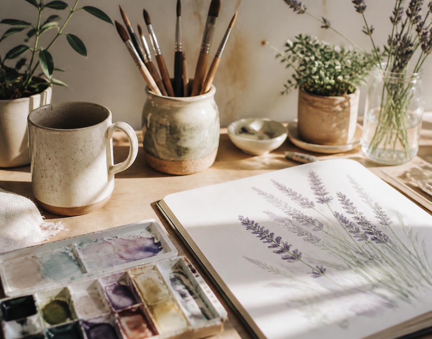 Sunlit art therapy desk with watercolor paints, brushes, a pottery mug, and plants